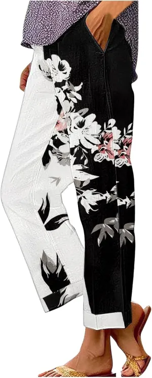 Summer Linen Pants for Women High Waisted Boho Print Wide Leg Pant Casual Loose Palazzo Trousers with Pocket