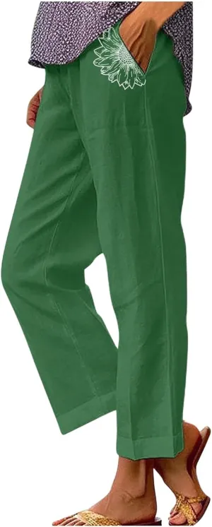 Summer Linen Pants for Women High Waisted Boho Print Wide Leg Pant Casual Loose Palazzo Trousers with Pocket