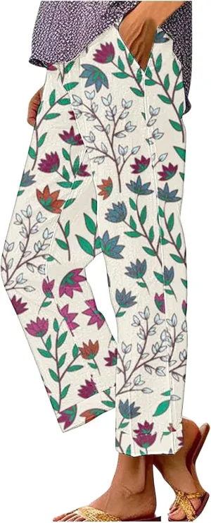 Summer Linen Pants for Women High Waisted Boho Print Wide Leg Pant Casual Loose Palazzo Trousers with Pocket