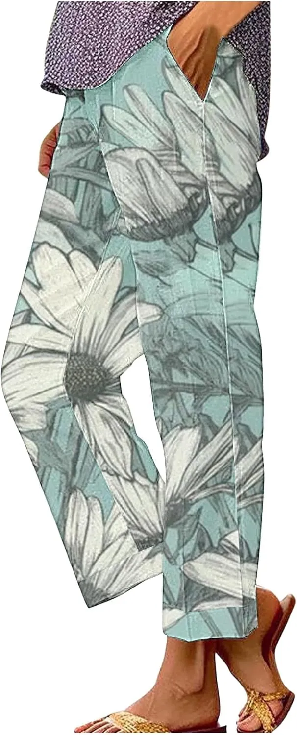 Summer Linen Pants for Women High Waisted Boho Print Wide Leg Pant Casual Loose Palazzo Trousers with Pocket