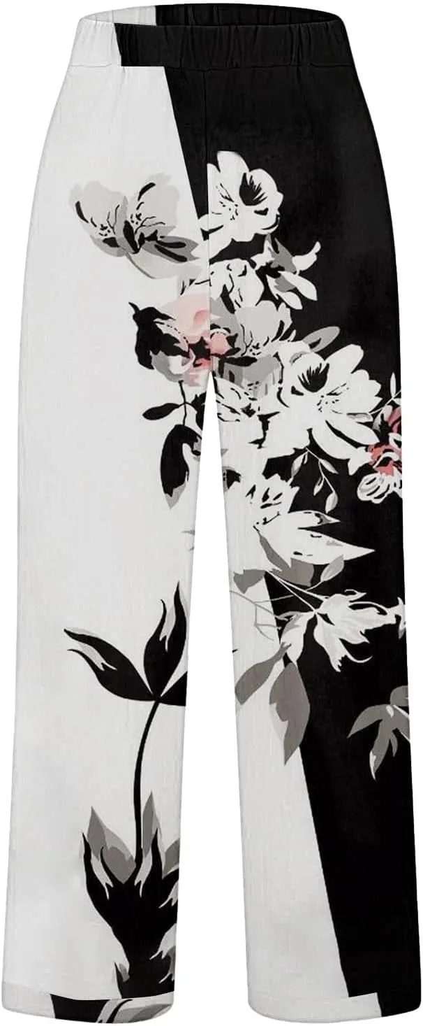 Summer Linen Pants for Women High Waisted Boho Print Wide Leg Pant Casual Loose Palazzo Trousers with Pocket