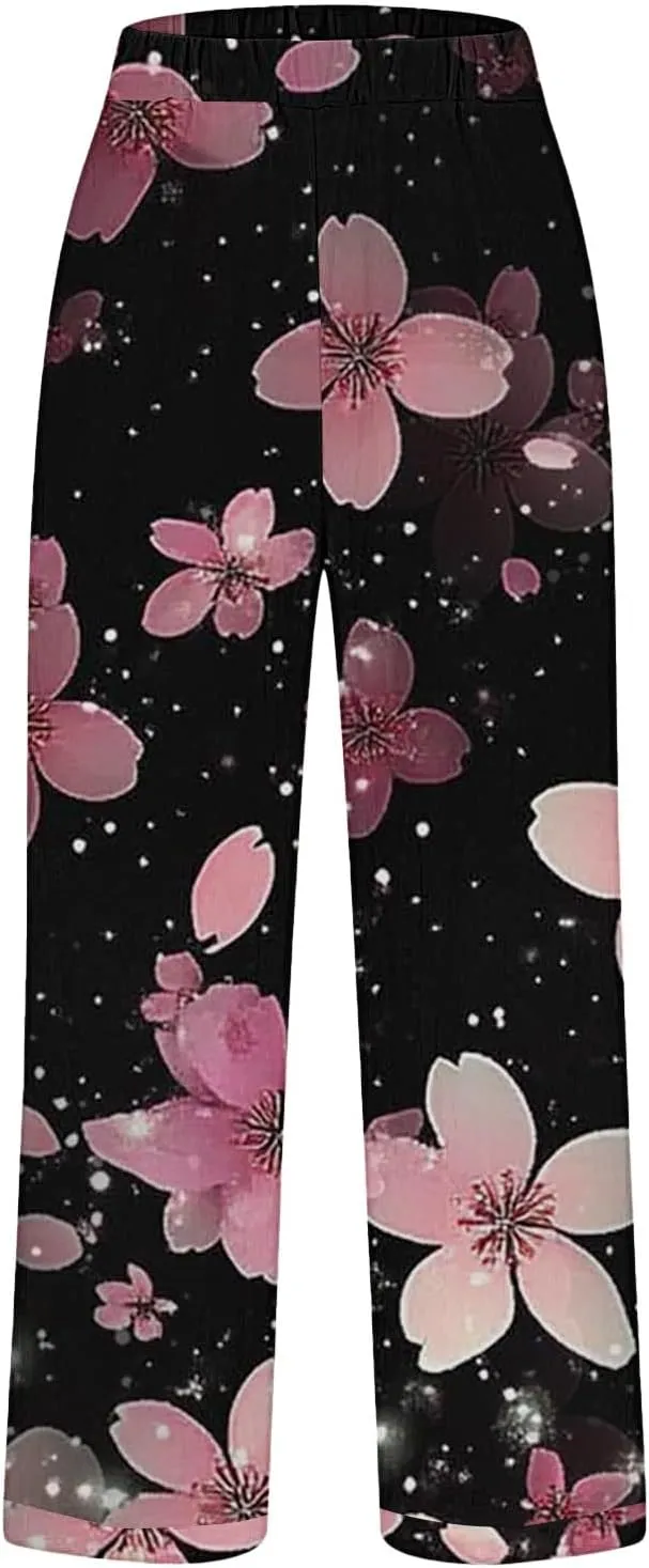 Summer Linen Pants for Women High Waisted Boho Print Wide Leg Pant Casual Loose Palazzo Trousers with Pocket
