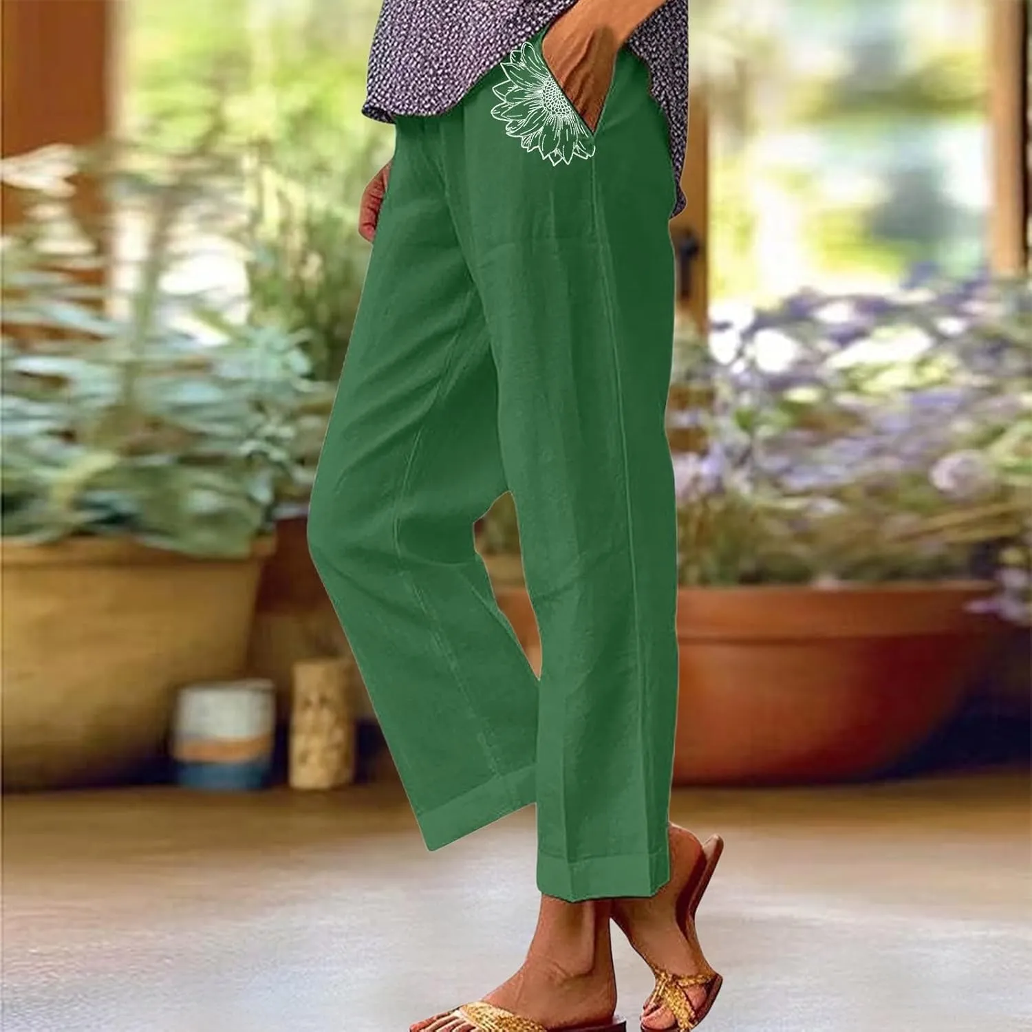 Summer Linen Pants for Women High Waisted Boho Print Wide Leg Pant Casual Loose Palazzo Trousers with Pocket