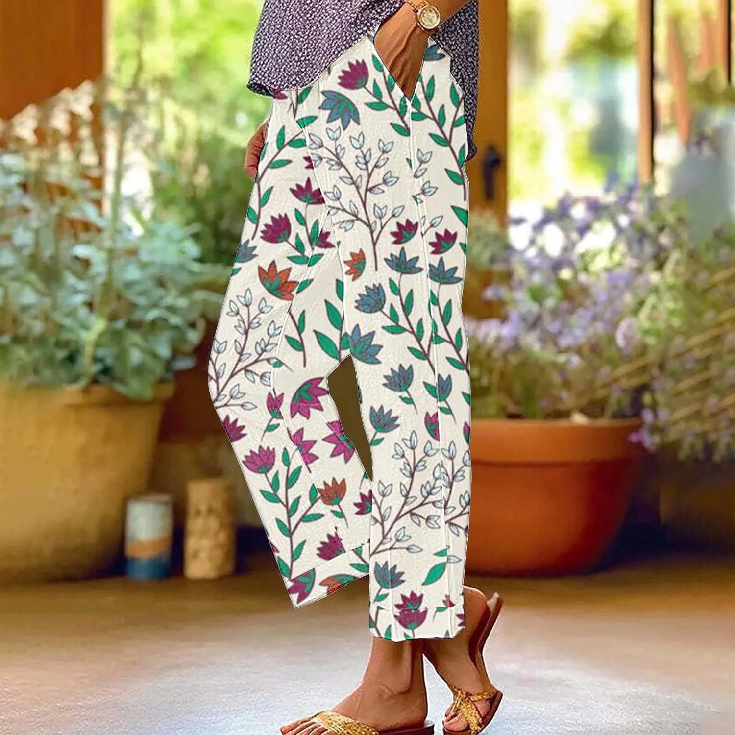Summer Linen Pants for Women High Waisted Boho Print Wide Leg Pant Casual Loose Palazzo Trousers with Pocket