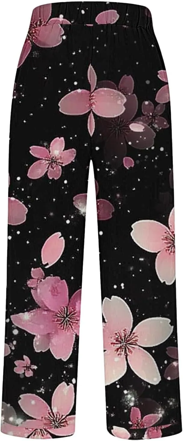Summer Linen Pants for Women High Waisted Boho Print Wide Leg Pant Casual Loose Palazzo Trousers with Pocket