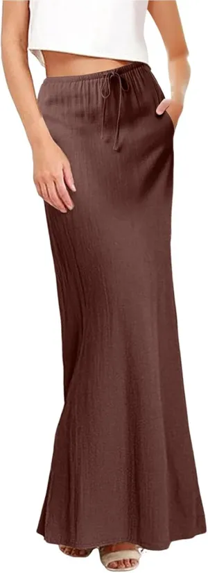 Summer Skirts for Women 2025 Casual Linen Maxi Skirts A Line Dresses Drawstring Waist Boho Long Flowy Skirt