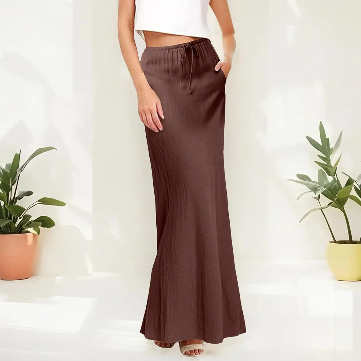 Summer Skirts for Women 2025 Casual Linen Maxi Skirts A Line Dresses Drawstring Waist Boho Long Flowy Skirt