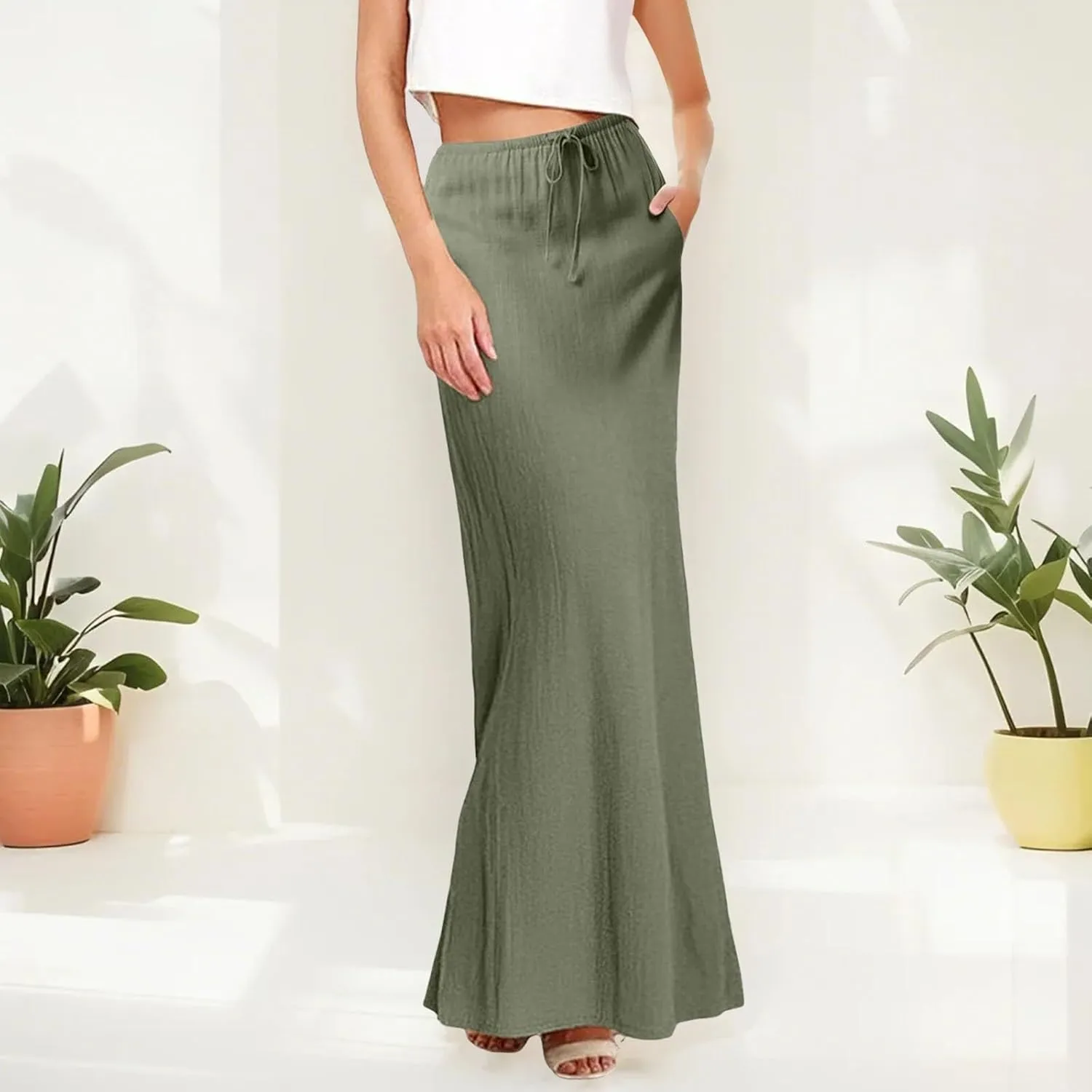 Summer Skirts for Women 2025 Casual Linen Maxi Skirts A Line Dresses Drawstring Waist Boho Long Flowy Skirt