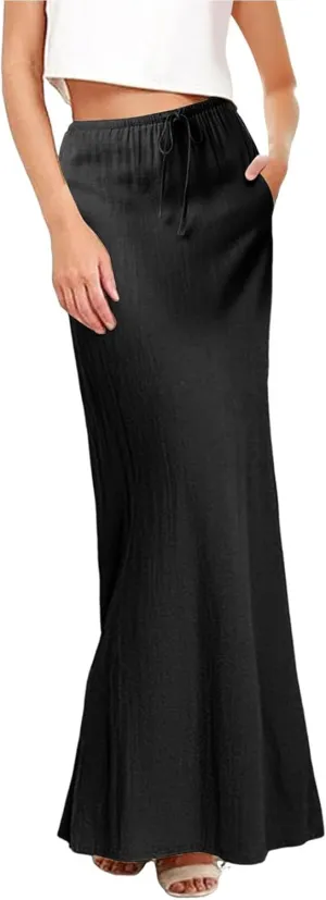 Summer Skirts for Women 2025 Casual Linen Maxi Skirts A Line Dresses Drawstring Waist Boho Long Flowy Skirt