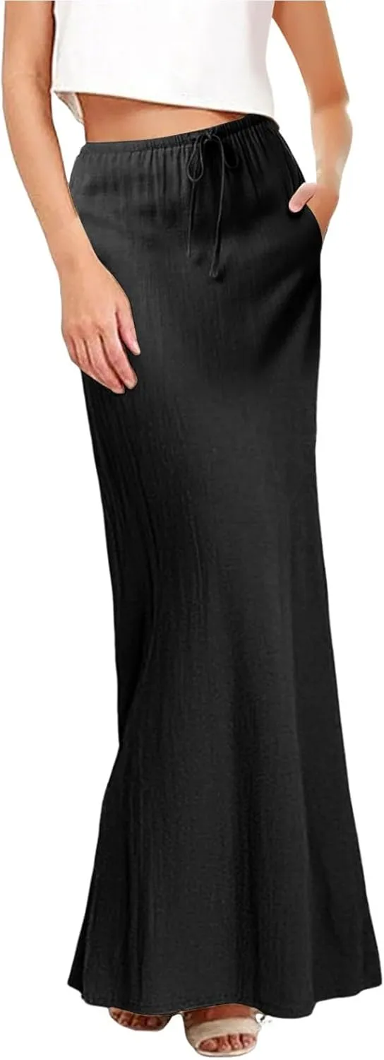 Summer Skirts for Women 2025 Casual Linen Maxi Skirts A Line Dresses Drawstring Waist Boho Long Flowy Skirt