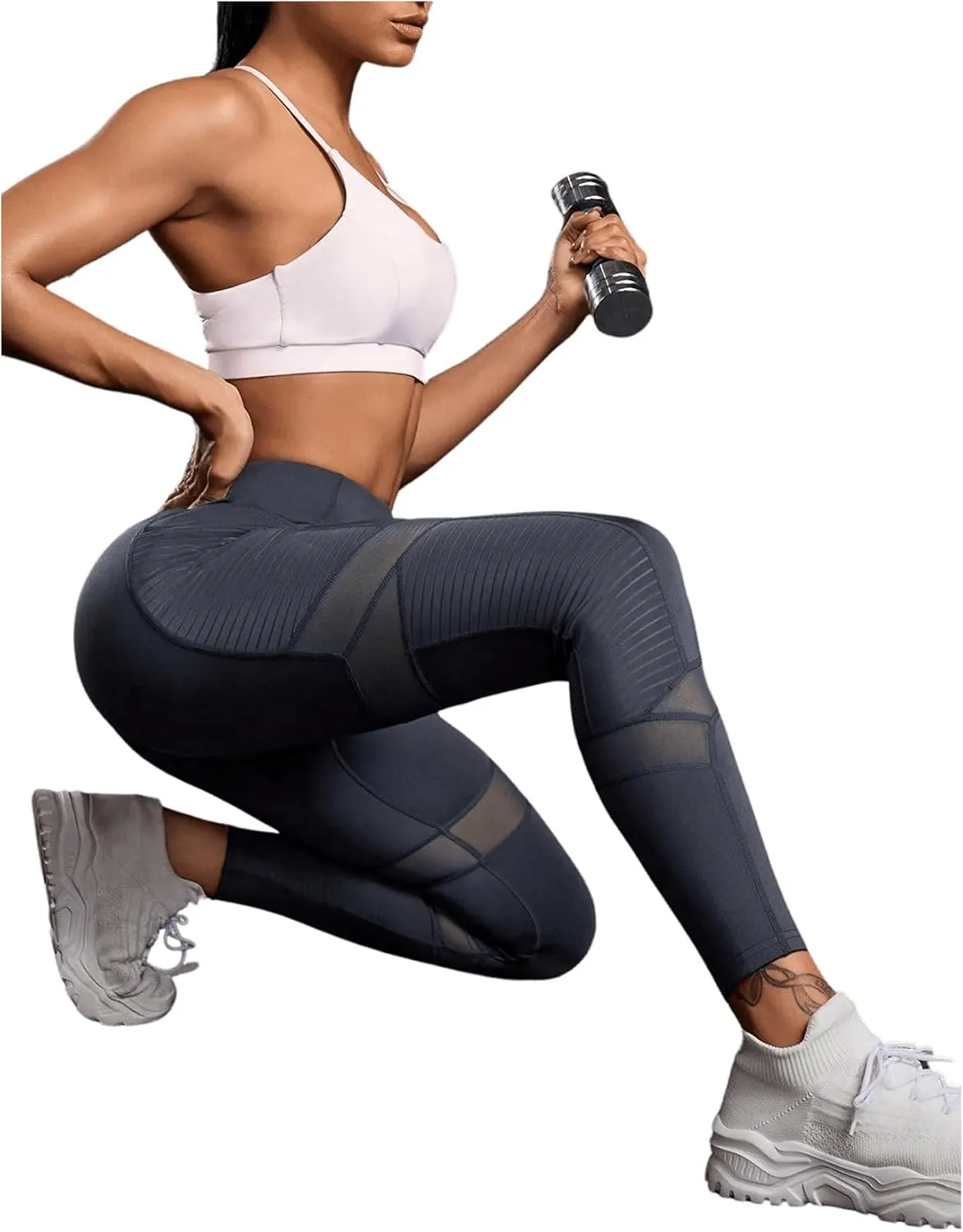 SweatyRocks Women's Mesh Leggings High Waist Tummy Control Butt Lift Yoga Pants with Pockets