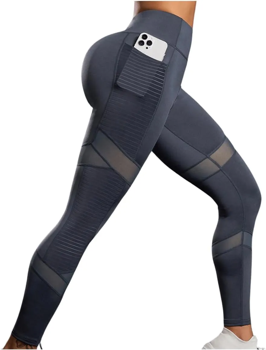 SweatyRocks Women's Mesh Leggings High Waist Tummy Control Butt Lift Yoga Pants with Pockets