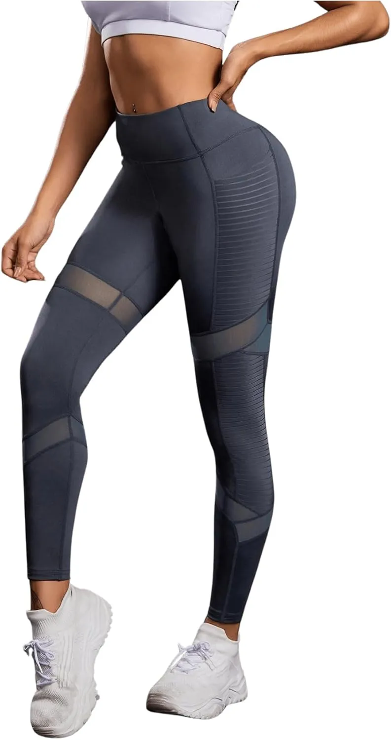 SweatyRocks Women's Mesh Leggings High Waist Tummy Control Butt Lift Yoga Pants with Pockets