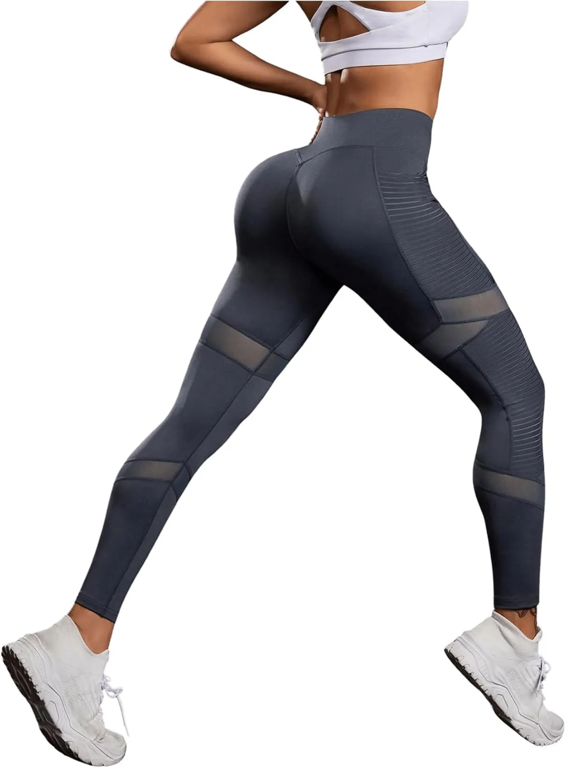 SweatyRocks Women's Mesh Leggings High Waist Tummy Control Butt Lift Yoga Pants with Pockets