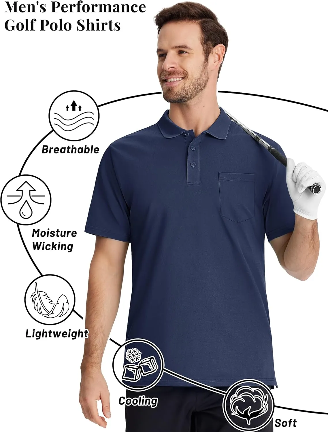 TACVASEN Mens Polo Golf Shirts with Pocket Pique Cooling Performance Moisture Wicking Polo Shirts