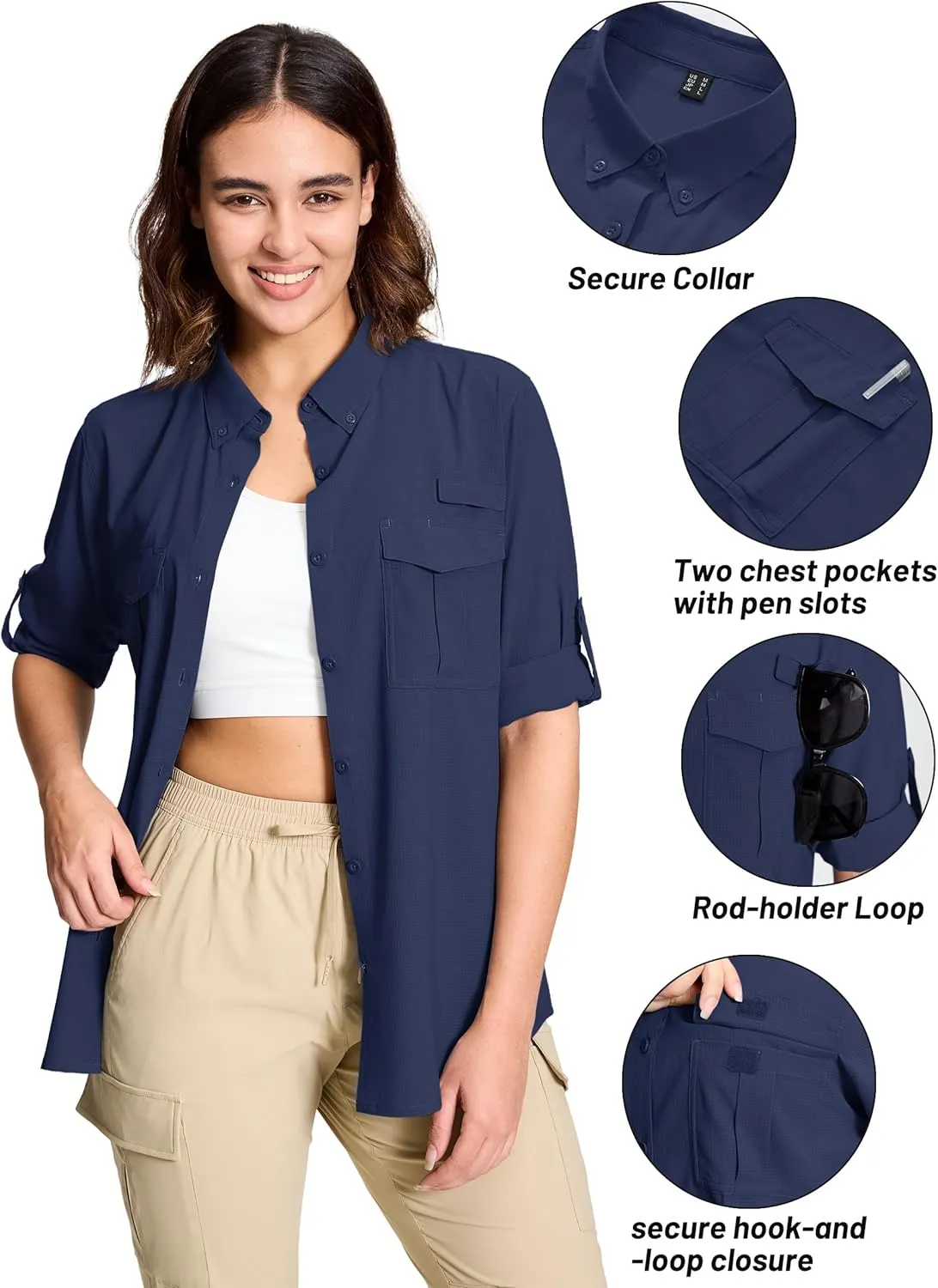 TACVASEN Women's Long Sleeve UV Sun Protection Safari Shirts Lightweight Quick Dry Hiking Fishing Button Down Shirts