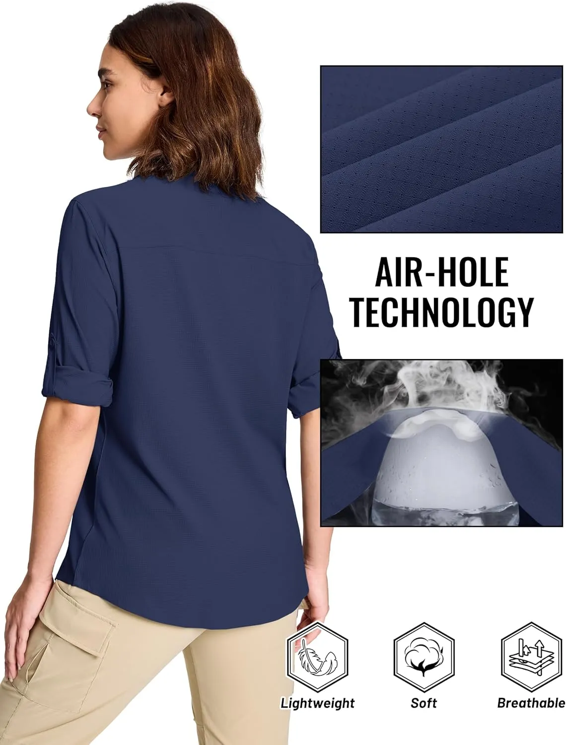 TACVASEN Women's Long Sleeve UV Sun Protection Safari Shirts Lightweight Quick Dry Hiking Fishing Button Down Shirts