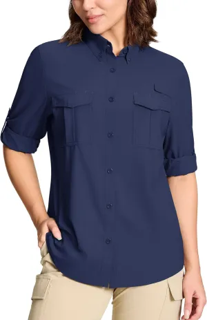 TACVASEN Women's Long Sleeve UV Sun Protection Safari Shirts Lightweight Quick Dry Hiking Fishing Button Down Shirts