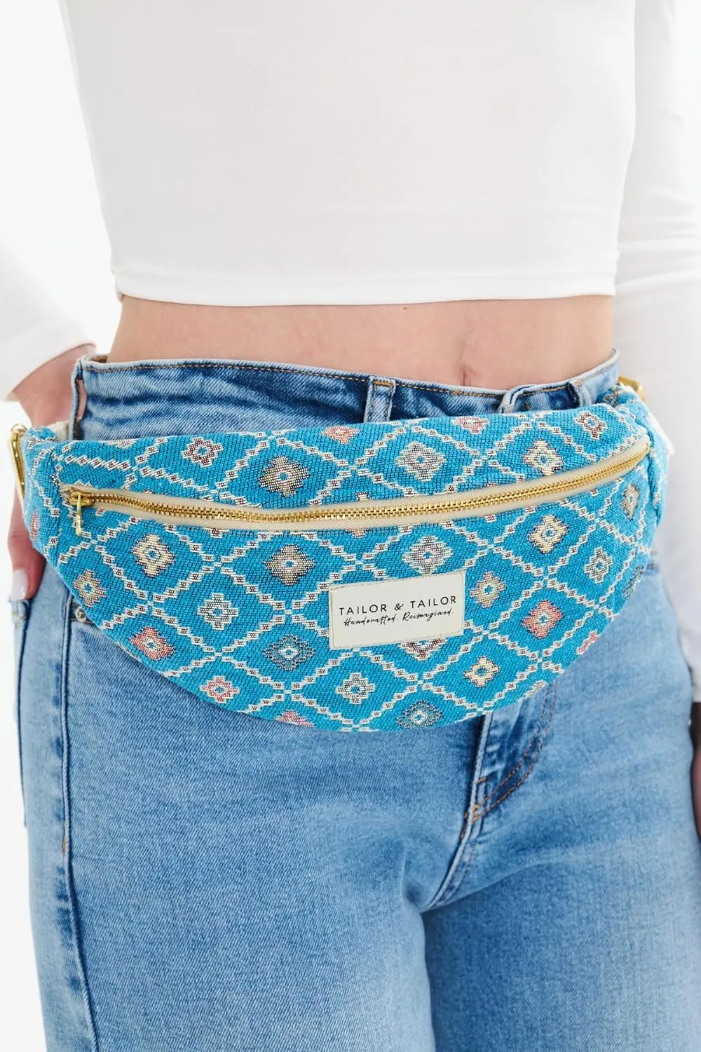 Tailor & Tailor Ethnic Pattern Waist Bag - Adjustable Belt, Lightweight Fabric, Multipurpose Fanny Pack, Western Style Belt Bag (Blue)