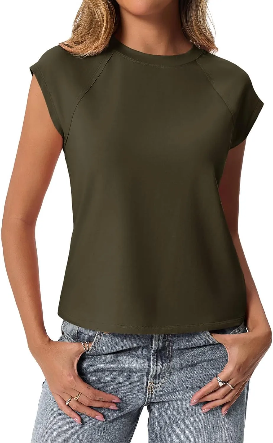 Tankaneo Womens Cap Sleeve Tank Tops Summer Casual Crew Neck Cotton T-Shirts Loose Fit Basic Tee Shirts