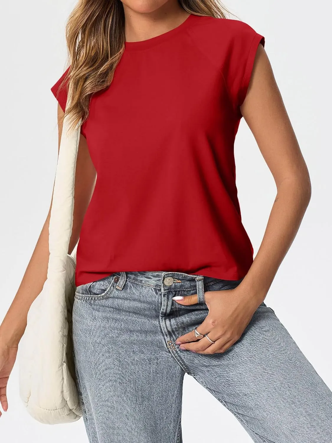 Tankaneo Womens Cap Sleeve Tank Tops Summer Casual Crew Neck Cotton T-Shirts Loose Fit Basic Tee Shirts