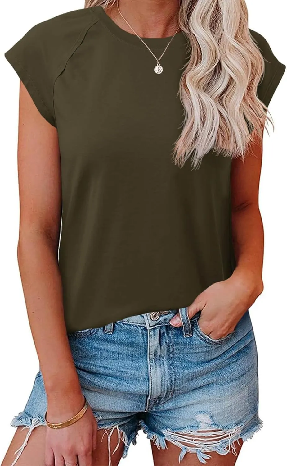 Tankaneo Womens Cap Sleeve Tank Tops Summer Casual Crew Neck Cotton T-Shirts Loose Fit Basic Tee Shirts