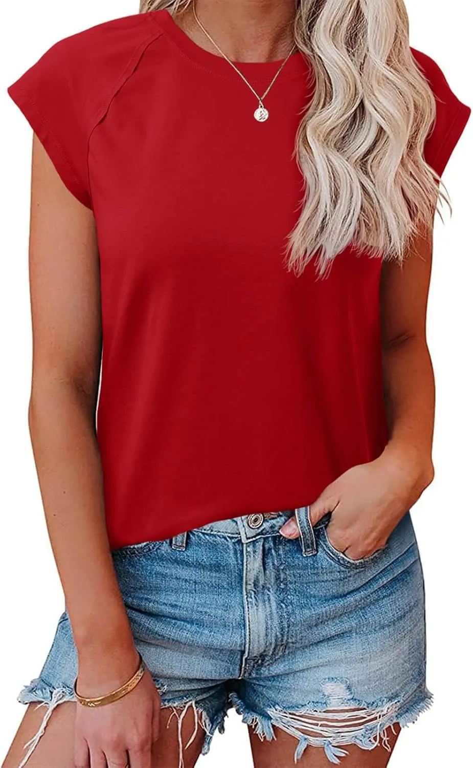 Tankaneo Womens Cap Sleeve Tank Tops Summer Casual Crew Neck Cotton T-Shirts Loose Fit Basic Tee Shirts