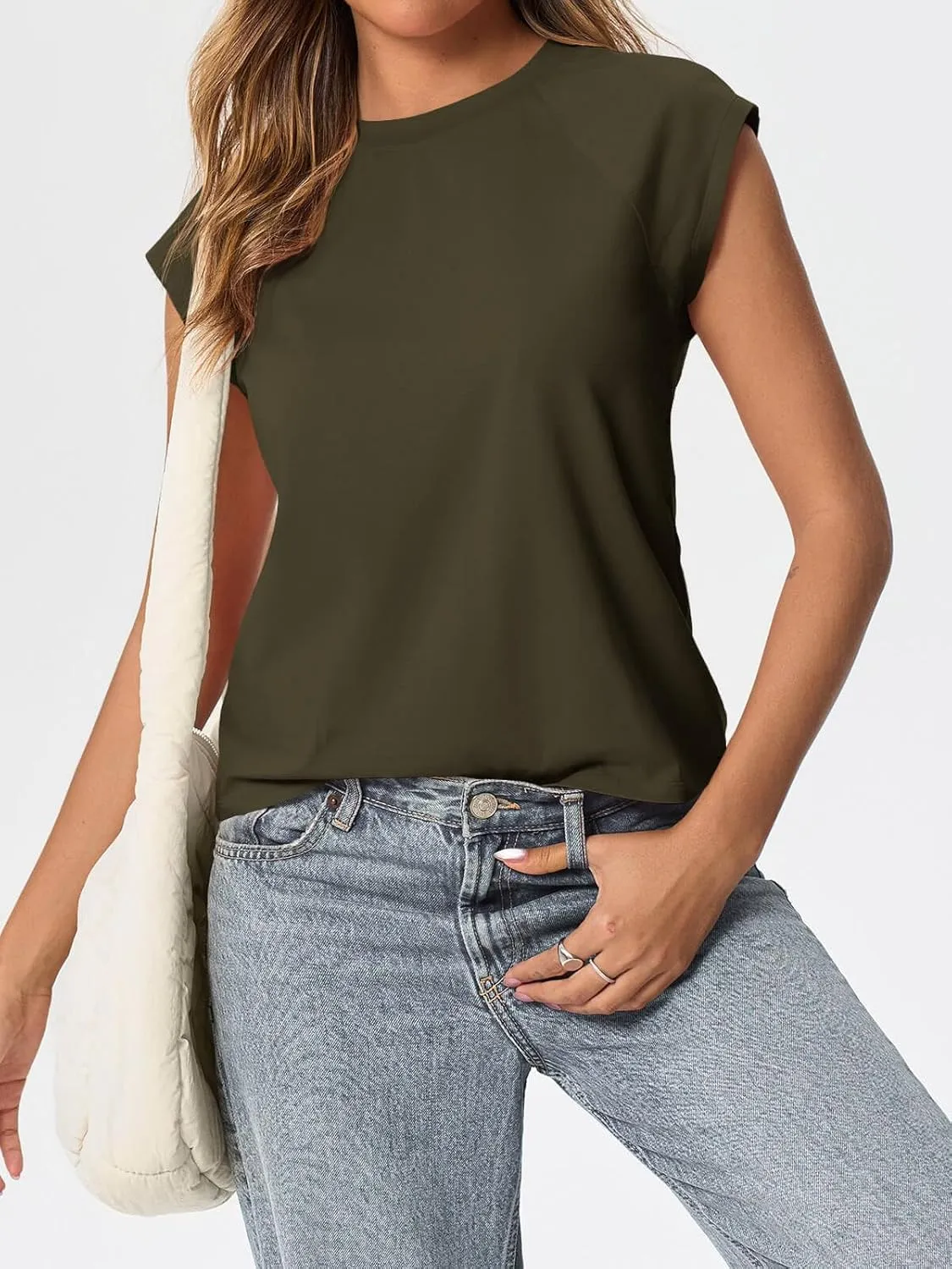 Tankaneo Womens Cap Sleeve Tank Tops Summer Casual Crew Neck Cotton T-Shirts Loose Fit Basic Tee Shirts