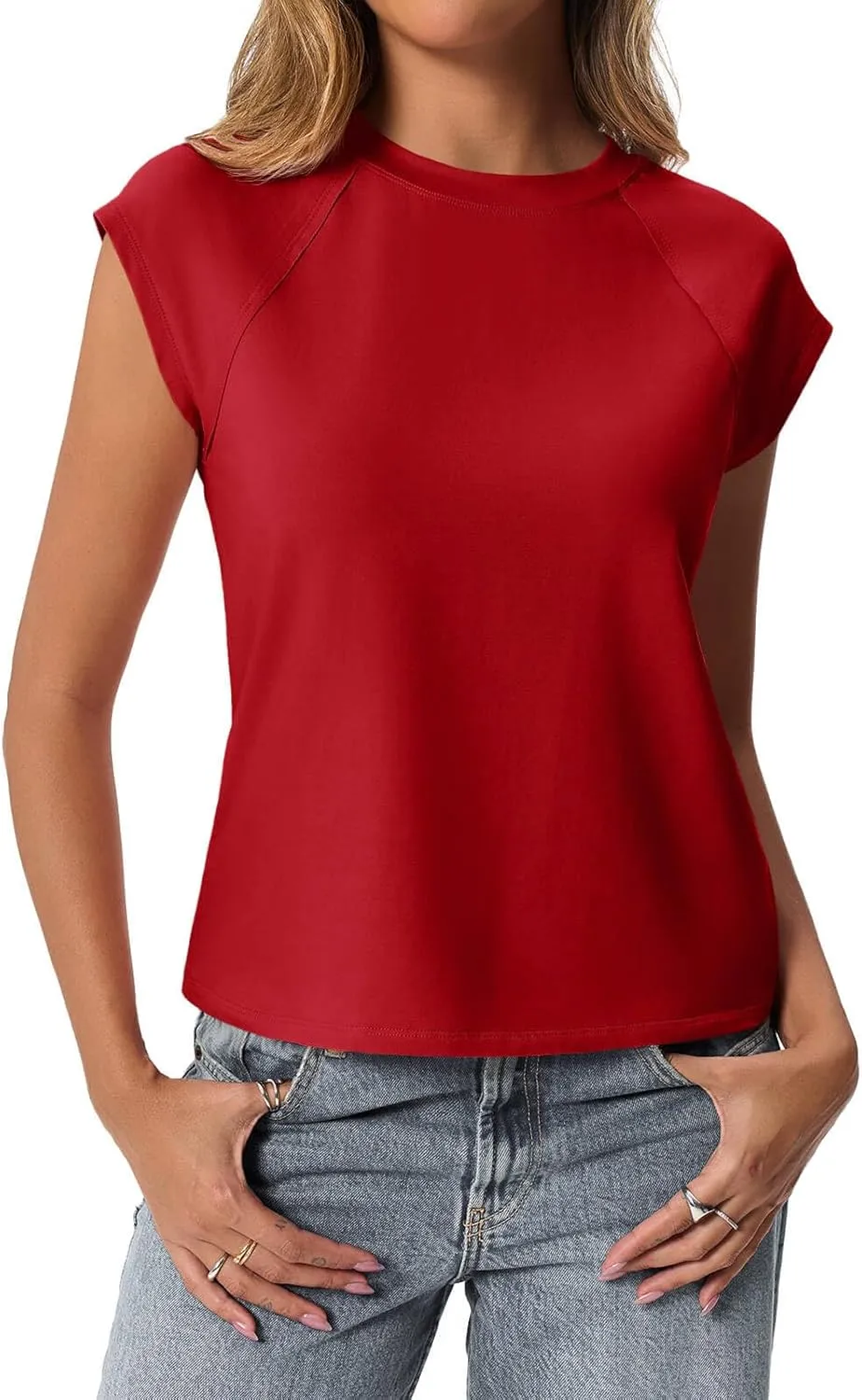 Tankaneo Womens Cap Sleeve Tank Tops Summer Casual Crew Neck Cotton T-Shirts Loose Fit Basic Tee Shirts