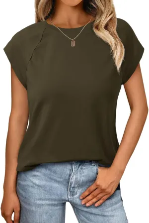Tankaneo Womens Cap Sleeve Tank Tops Summer Casual Crew Neck Cotton T-Shirts Loose Fit Basic Tee Shirts