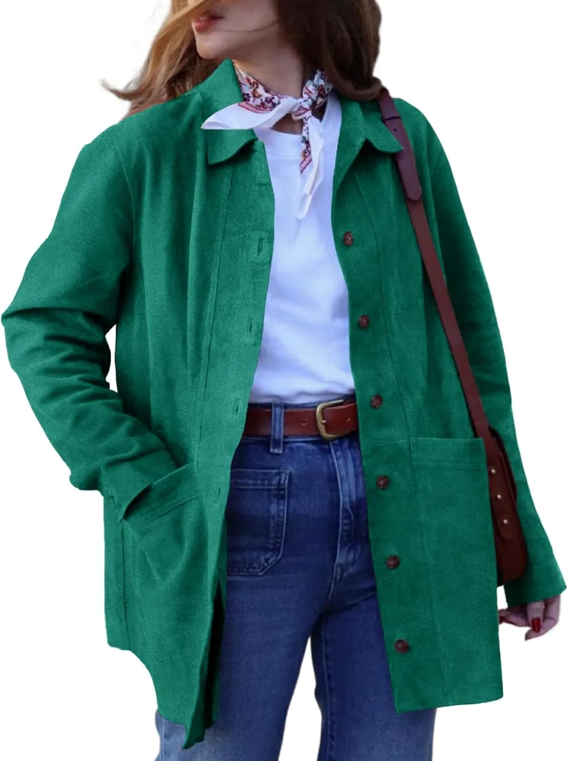 Tankaneo Womens Faux Suede Shirts Jackets Casual Button Down Long Sleeve Shackets Coat Trendy 2025 Spring Clothes