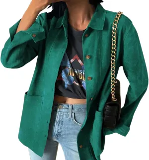 Tankaneo Womens Faux Suede Shirts Jackets Casual Button Down Long Sleeve Shackets Coat Trendy 2025 Spring Clothes