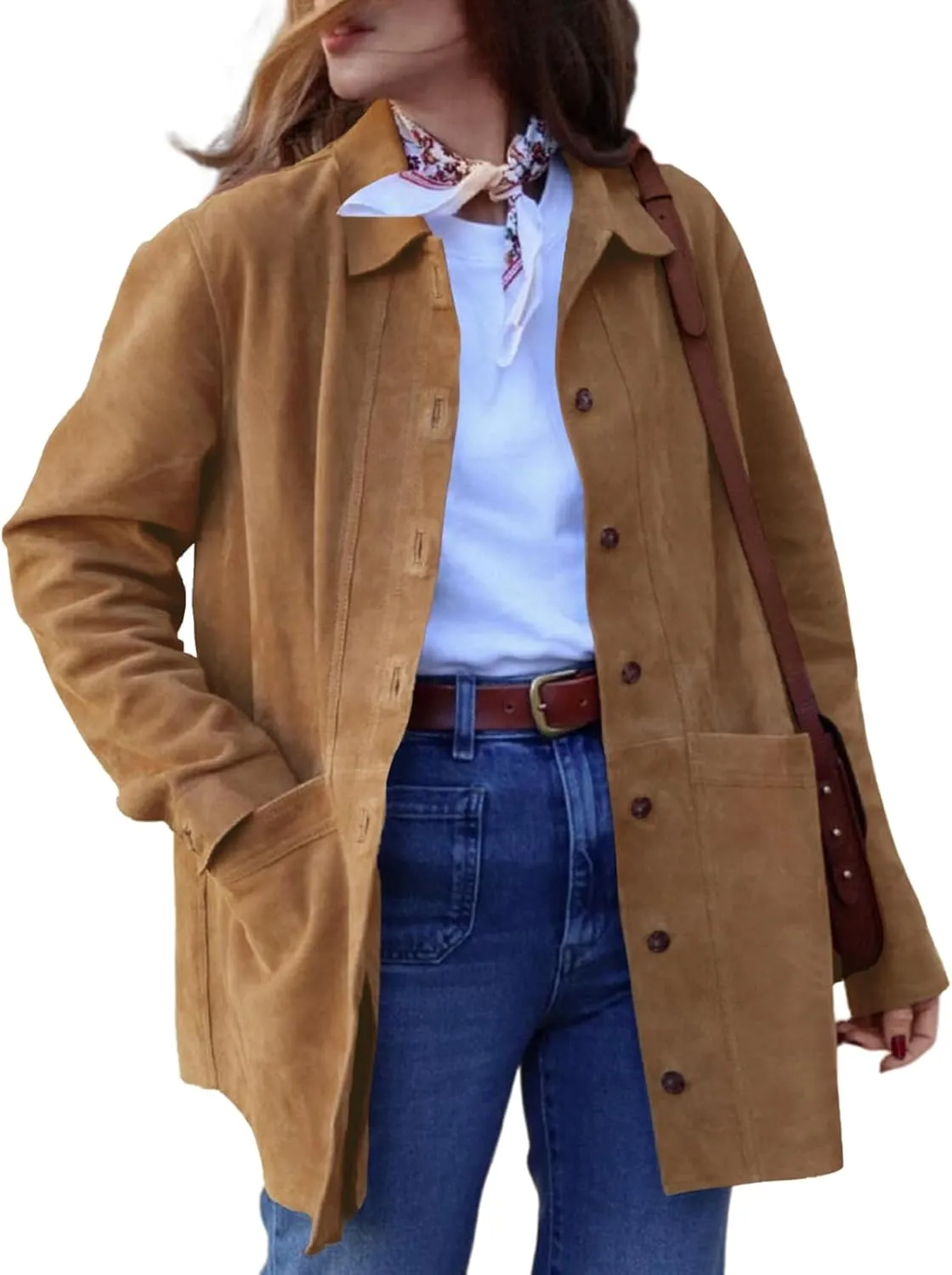 Tankaneo Womens Faux Suede Shirts Jackets Casual Button Down Long Sleeve Shackets Coat Trendy 2025 Spring Clothes