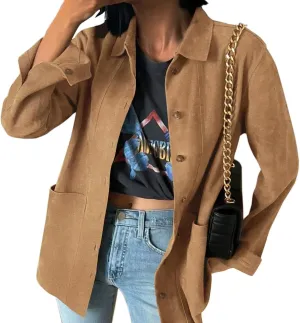 Tankaneo Womens Faux Suede Shirts Jackets Casual Button Down Long Sleeve Shackets Coat Trendy 2025 Spring Clothes