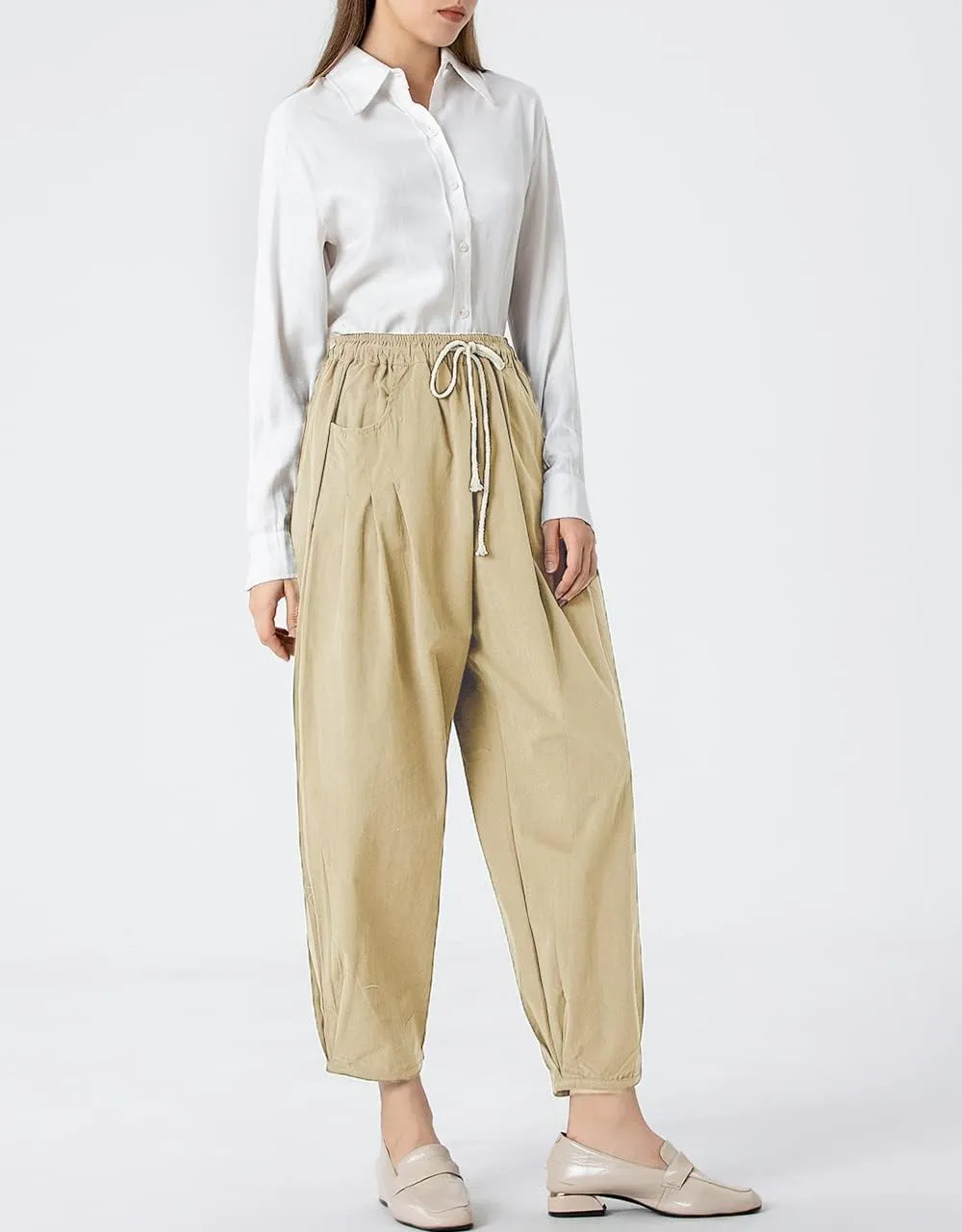 Tebreux Women's Wide Leg Pants Harem Elastic Waist Baggy Pants Drawstring Trousers with Pockets