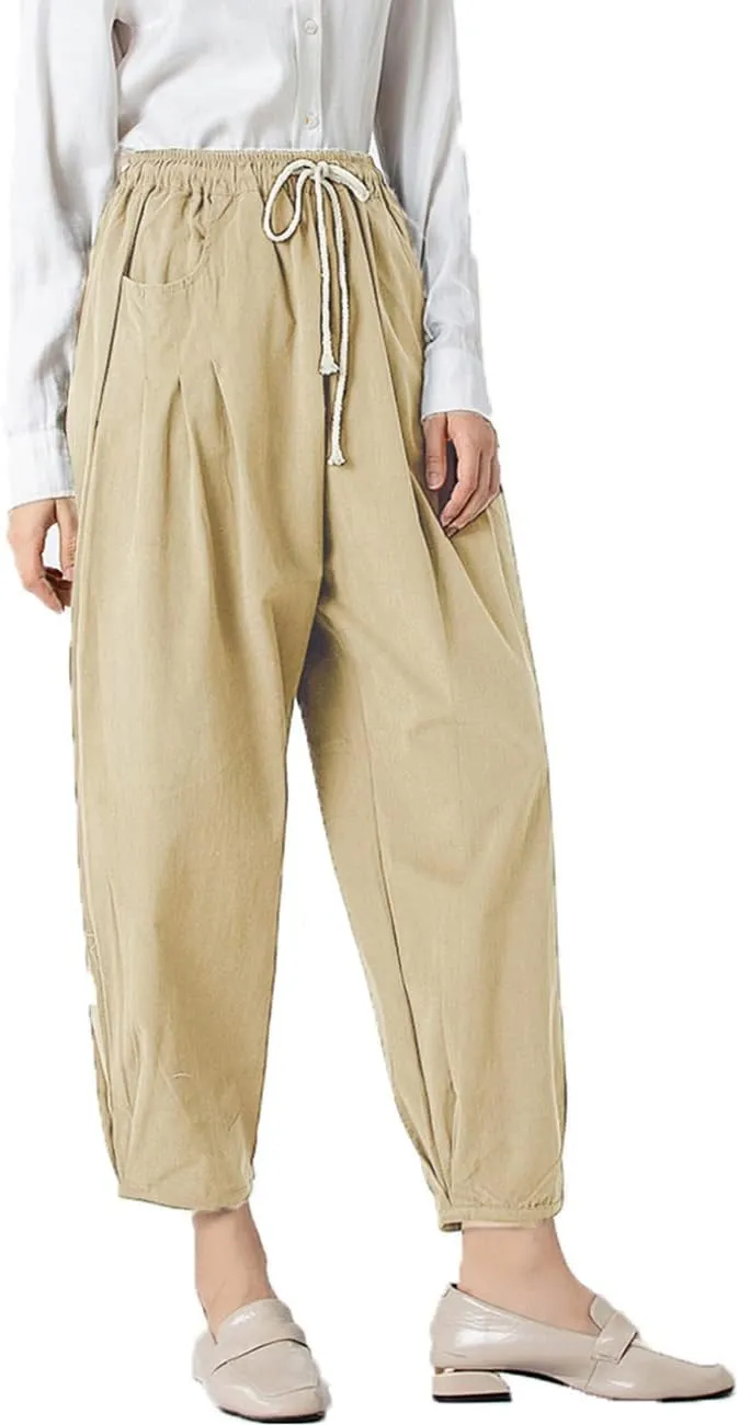 Tebreux Women's Wide Leg Pants Harem Elastic Waist Baggy Pants Drawstring Trousers with Pockets