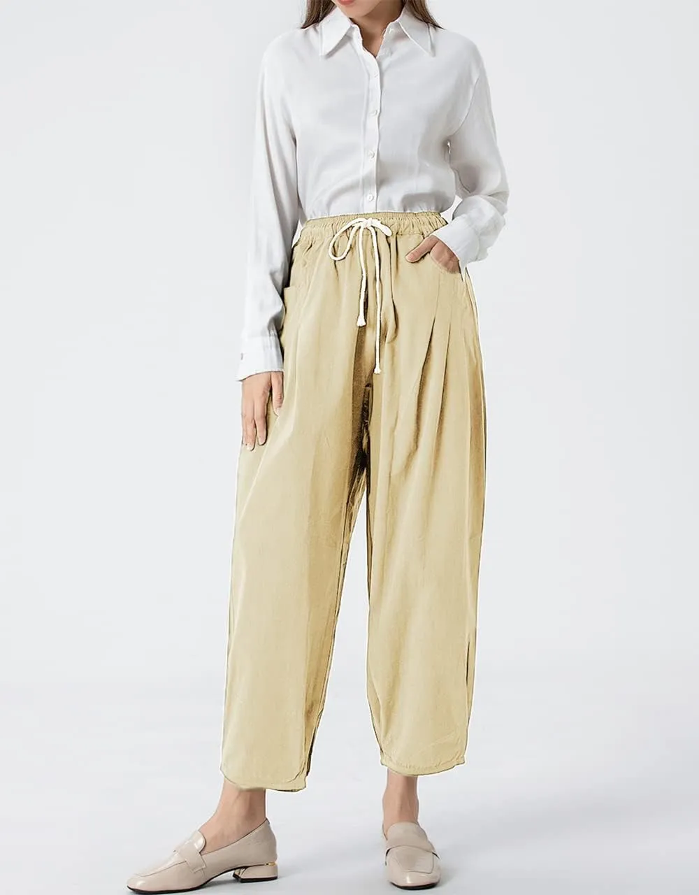 Tebreux Women's Wide Leg Pants Harem Elastic Waist Baggy Pants Drawstring Trousers with Pockets