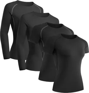 TELALEO 4 Pack Women's Compression Shirt Long/Short Sleeve Performance Workout Baselayer Athletic Top Gym Sports Gear