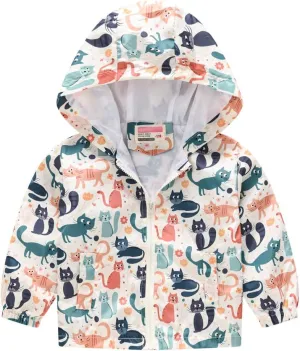 Toddler Boys Girls Sunscreen Hooded Cartoon Print Zip Jacket Trench Lightweight Kids Coats Windbreaker Casual Outerwear