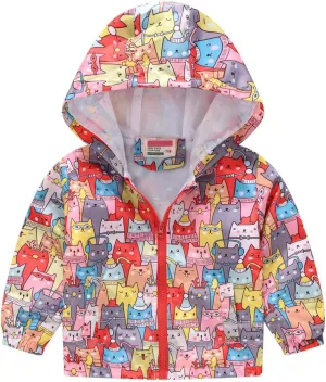 Toddler Boys Girls Sunscreen Hooded Cartoon Print Zip Jacket Trench Lightweight Kids Coats Windbreaker Casual Outerwear