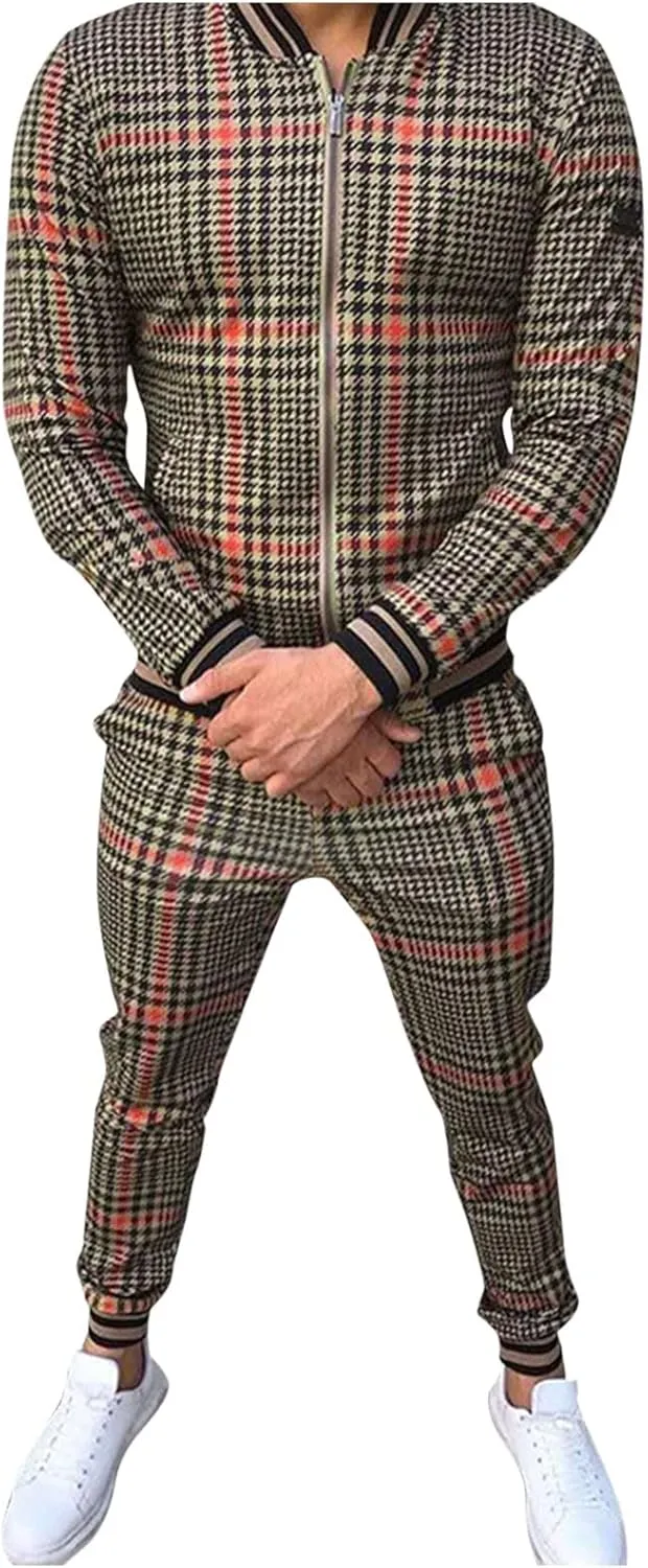 Tracksuits for Men Plaid Full Zip Jacket and Pants Sweatsuits Casual Slim Fit Workout Jogging Sports Set with Pockets