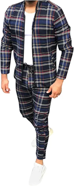 Tracksuits for Men Plaid Full Zip Jacket and Pants Sweatsuits Casual Slim Fit Workout Jogging Sports Set with Pockets