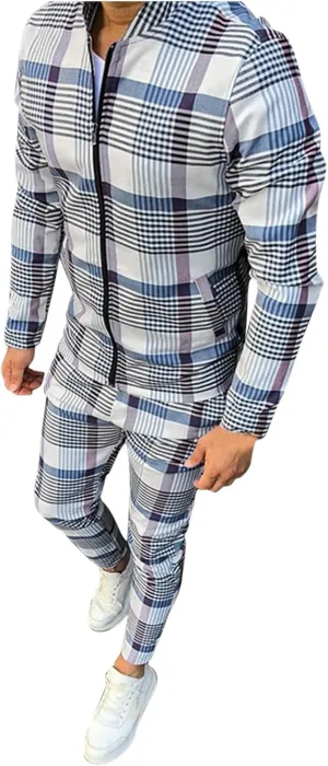 Tracksuits for Men Plaid Full Zip Jacket and Pants Sweatsuits Casual Slim Fit Workout Jogging Sports Set with Pockets