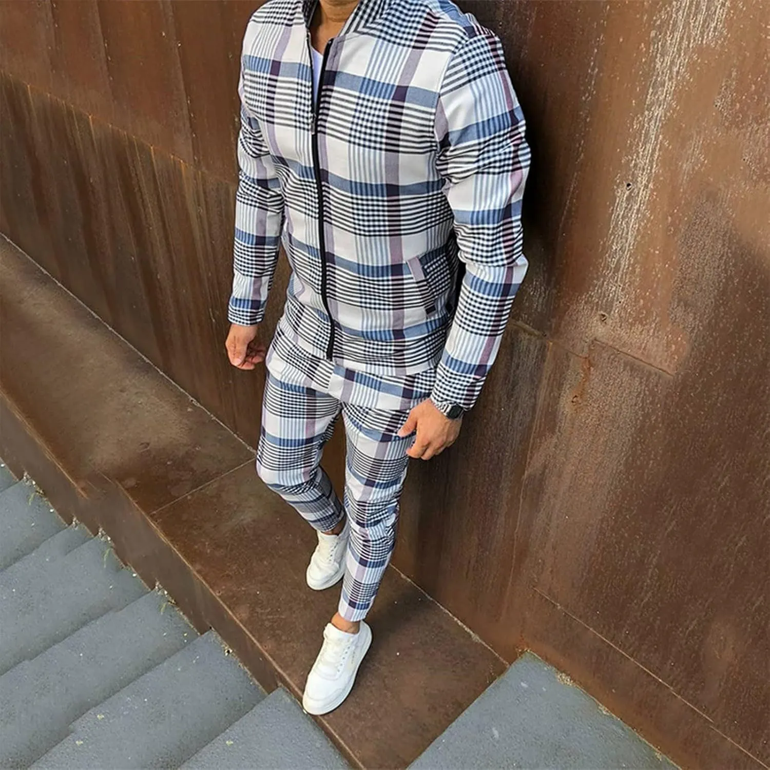 Tracksuits for Men Plaid Full Zip Jacket and Pants Sweatsuits Casual Slim Fit Workout Jogging Sports Set with Pockets