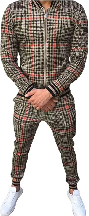Tracksuits for Men Plaid Full Zip Jacket and Pants Sweatsuits Casual Slim Fit Workout Jogging Sports Set with Pockets
