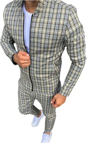 Tracksuits for Men Plaid Full Zip Jacket and Pants Sweatsuits Casual Slim Fit Workout Jogging Sports Set with Pockets