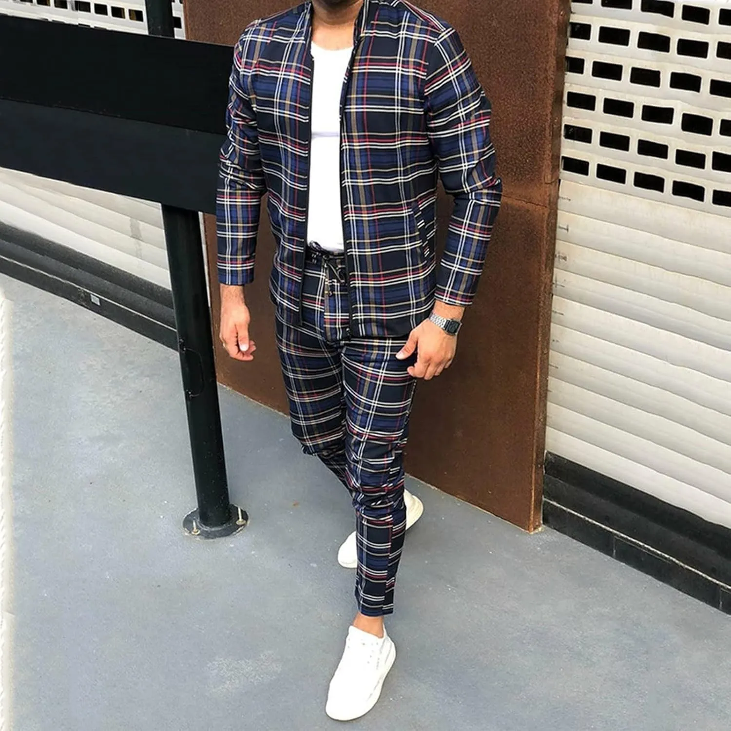 Tracksuits for Men Plaid Full Zip Jacket and Pants Sweatsuits Casual Slim Fit Workout Jogging Sports Set with Pockets
