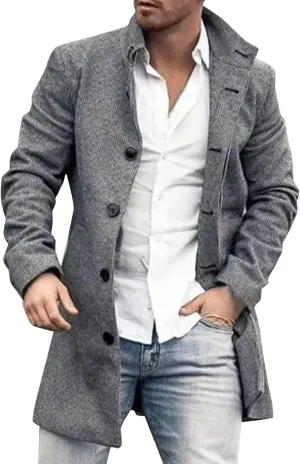 Trench Coat Men Mens Woolen Blend Jacket Double Breasted Trench Coat Lapel Mid Length Peacoat Winter Outerwear