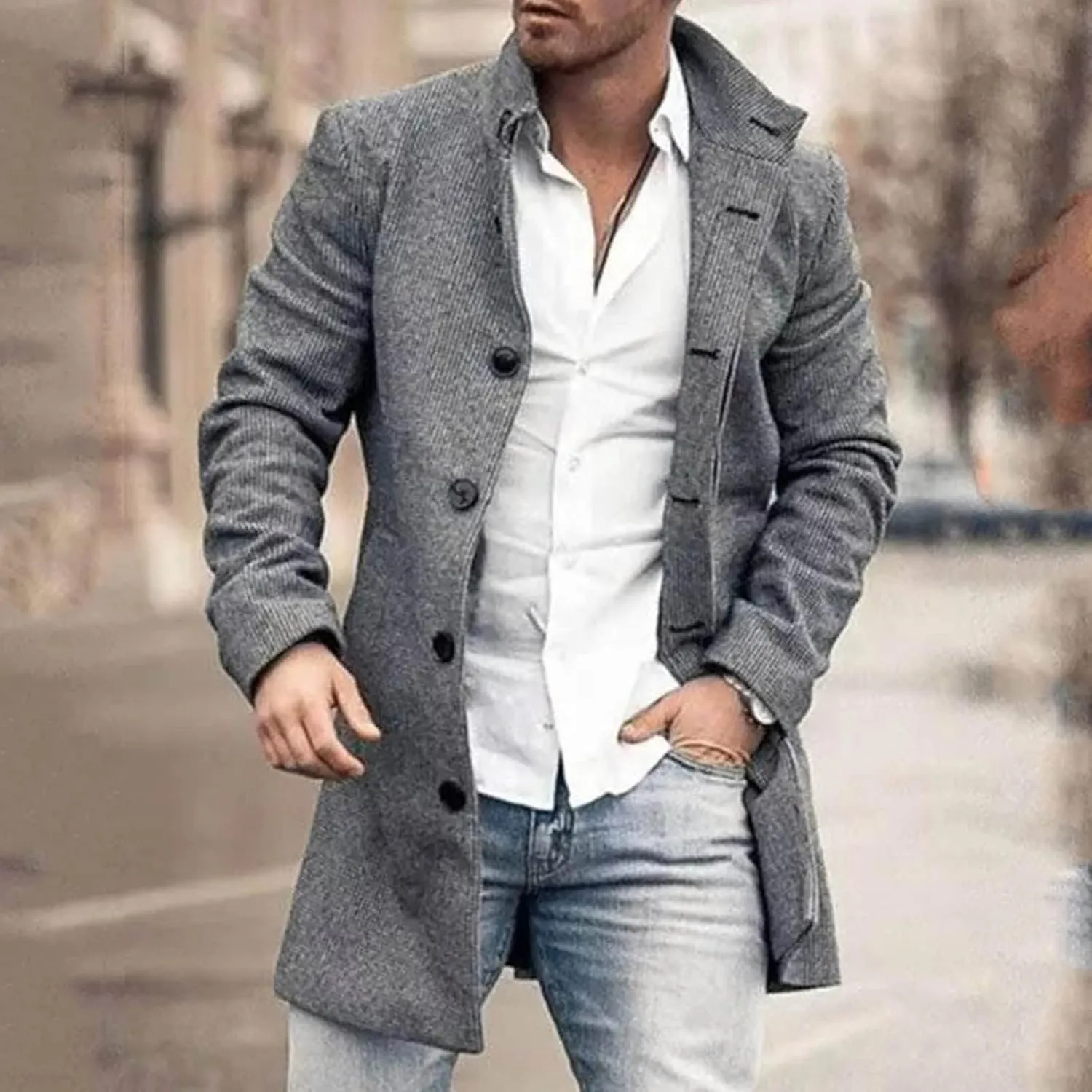 Trench Coat Men Mens Woolen Blend Jacket Double Breasted Trench Coat Lapel Mid Length Peacoat Winter Outerwear