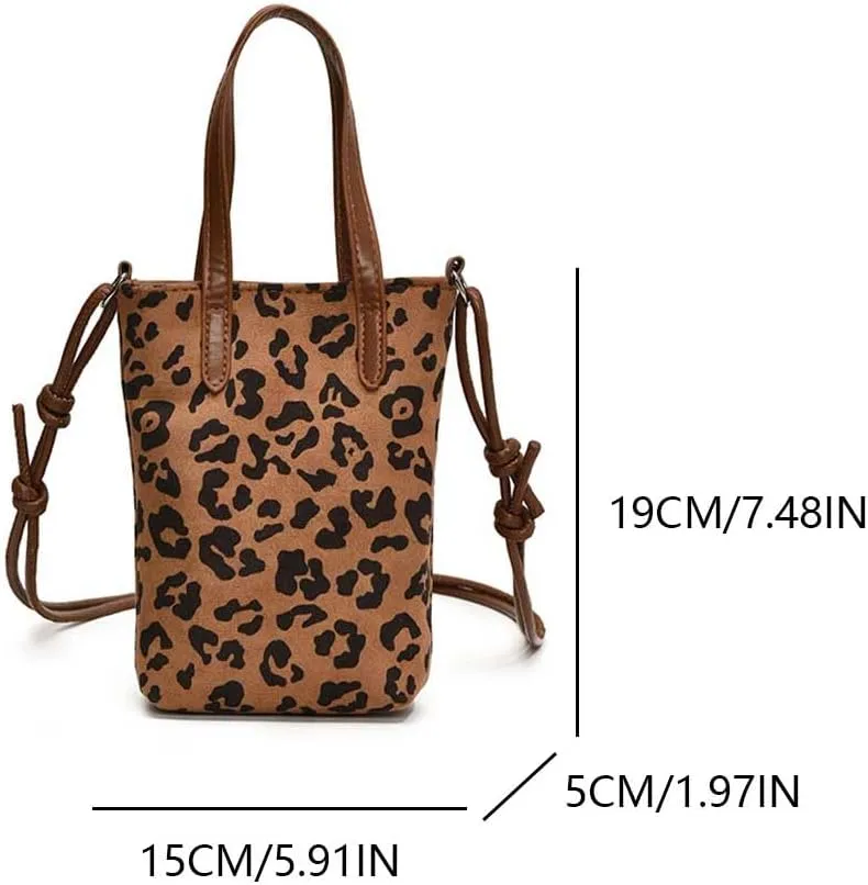 Trendy Women's Suede Leopard Print Crossbody Bucket Bag with Adjustable Strap for Work and Travel (Dark Brown)